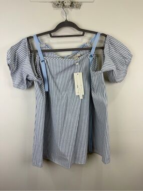 Lost Ink Blue & White Stripe Puff Sleeve Bow Tie Babydoll Top NWT 2X